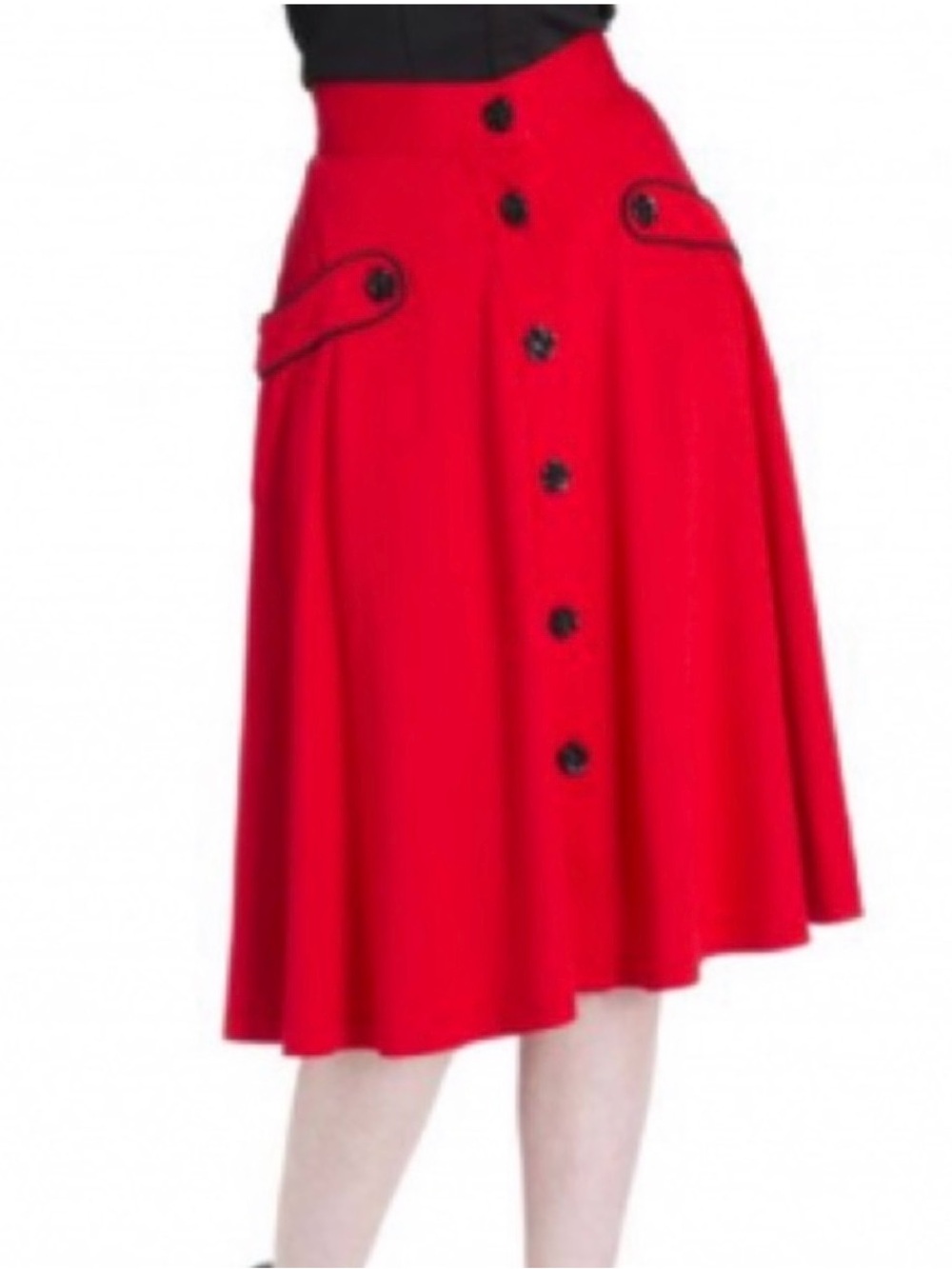 Red Rockabilly Flared Skirt with Black Rose Buttons and Pockets